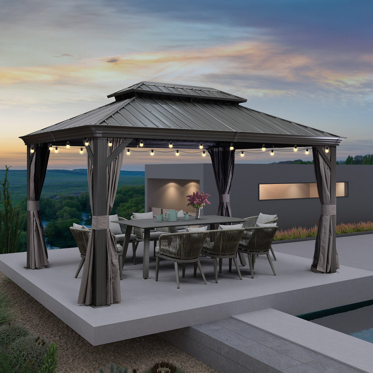 PURPLE LEAF – Pavillon de terrasse pour jardin, toit rigide gris en acier galvanisé avec guirlande lumineuse – milky