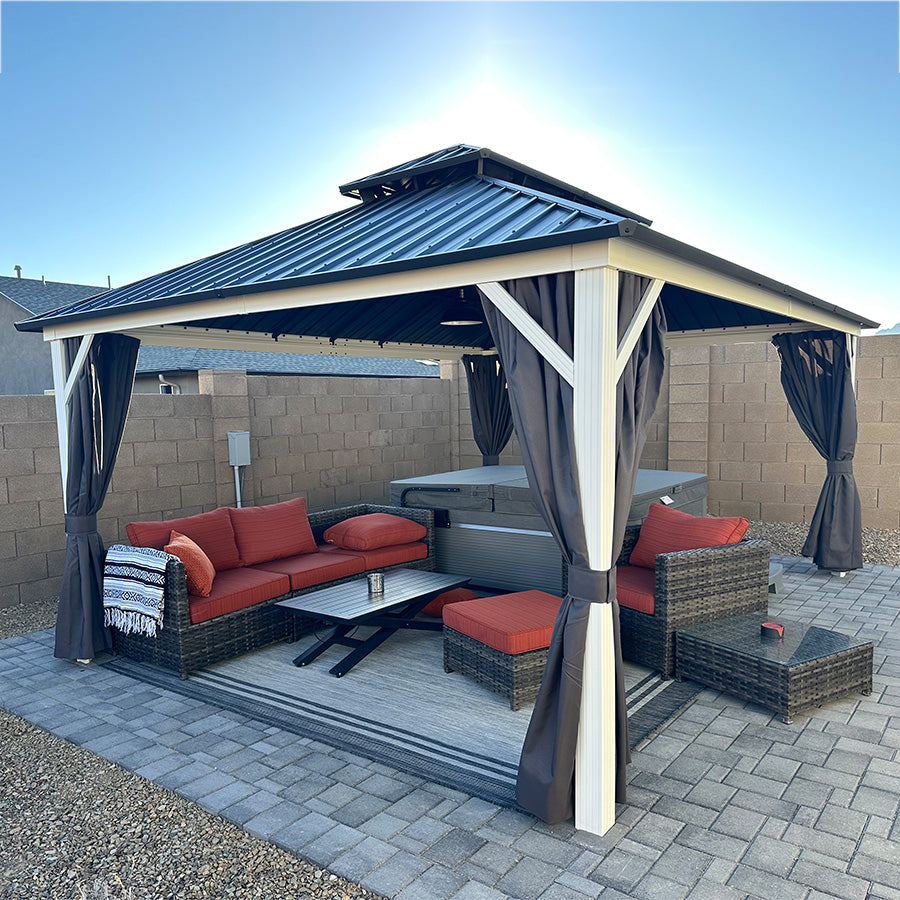 PURPLE LEAF – Pavillon moderne gris à toit rigide, double toit en acier galvanisé, poteaux en aluminium blancs, rideaux et moustiquaires