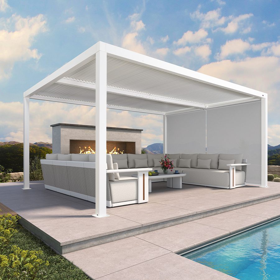 PURPLE LEAF Athena – Pergola extérieure blanche en aluminium à lames orientables avec store enrouleur uni et toit réglable