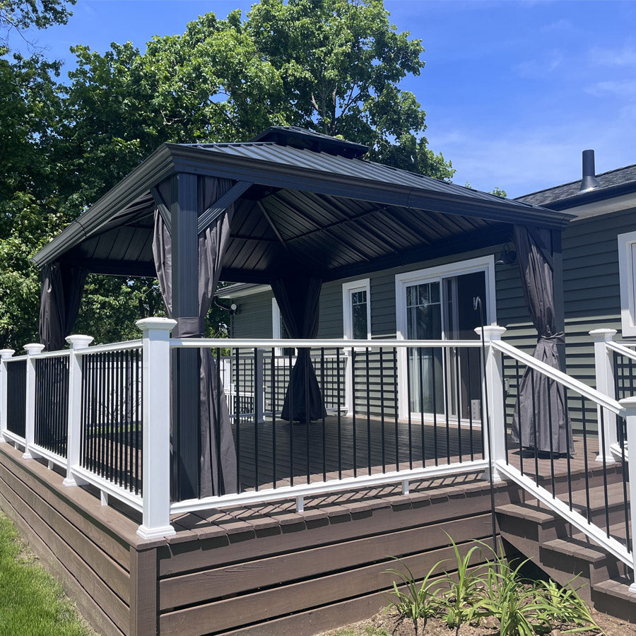 PURPLE LEAF – Pavillon de terrasse pour jardin, toit rigide gris en acier galvanisé avec rideau amélioré