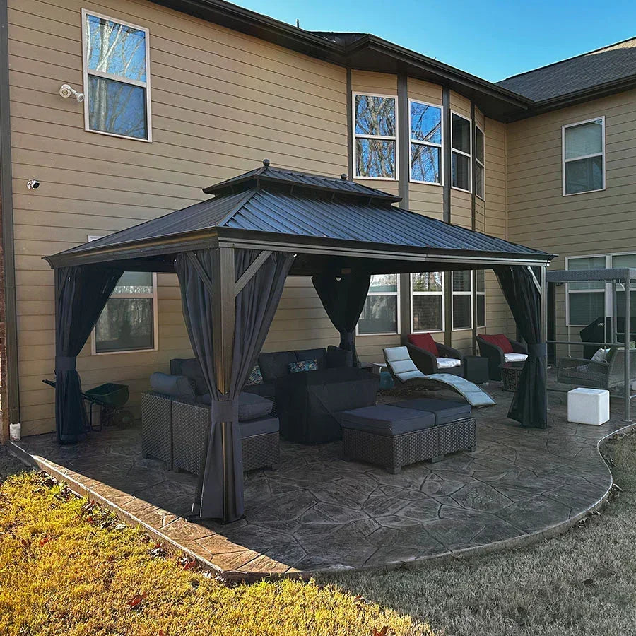 PURPLE LEAF – Pavillon extérieur à toit rigide pour terrasse, structure en aluminium bronze avec rideau bleu marine