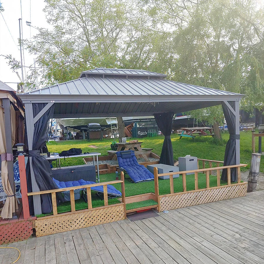 PURPLE LEAF – Pavillon de terrasse pour piscine, toit rigide gris clair en acier galvanisé avec rideaux améliorés