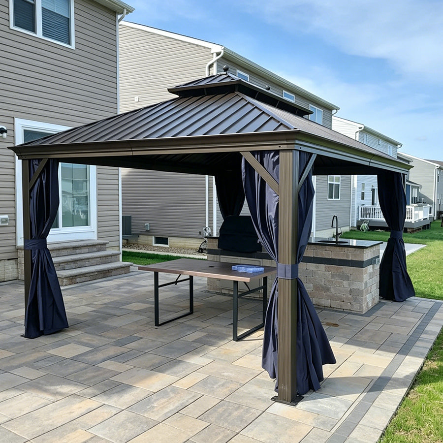PURPLE LEAF – Pavillon extérieur à toit rigide pour terrasse, structure en aluminium bronze avec rideau bleu marine
