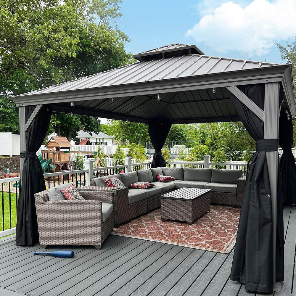 PURPLE LEAF – Pavillon de terrasse pour piscine, toit rigide gris clair en acier galvanisé avec rideaux améliorés