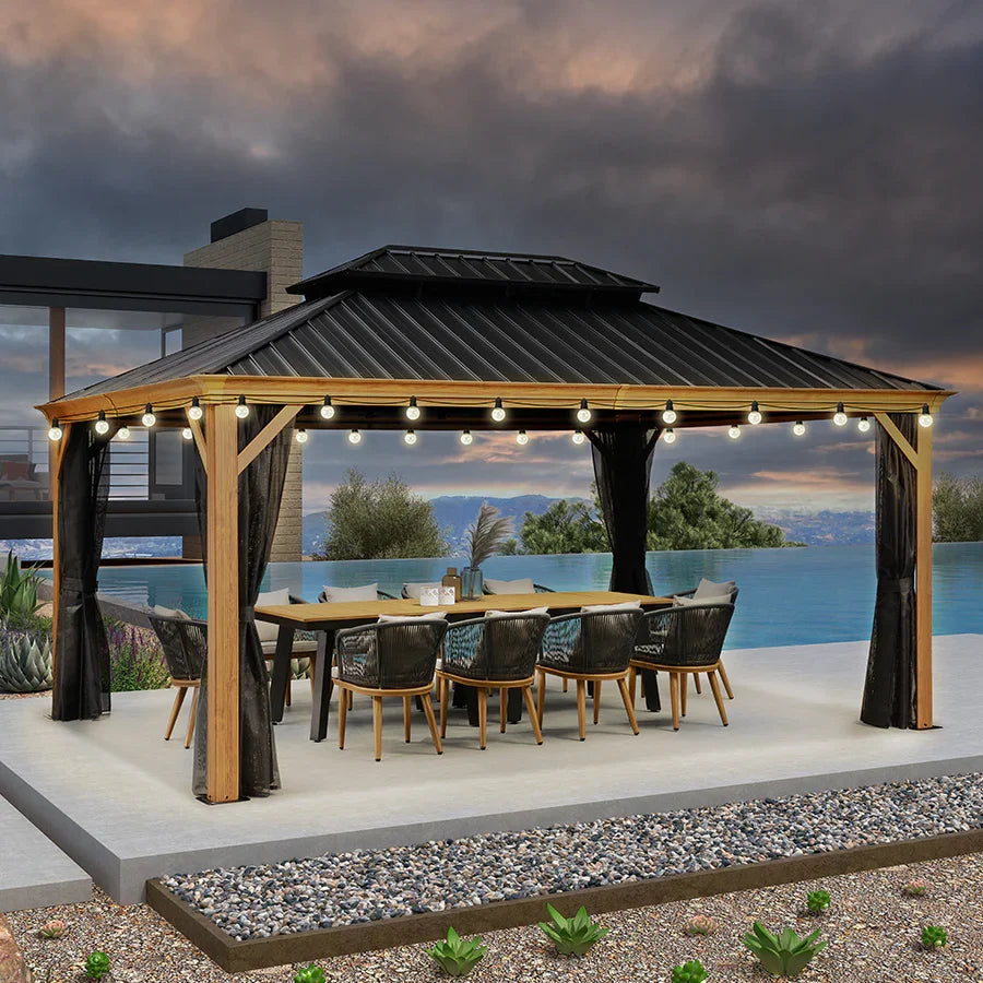 PURPLE LEAF – Pavillon à toit rigide pour terrasse, structure en aluminium effet bois avec guirlande lumineuse – clear