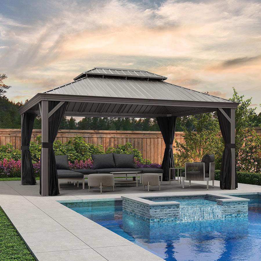 PURPLE LEAF – Pavillon de terrasse pour piscine, toit rigide gris clair en acier galvanisé avec rideaux améliorés