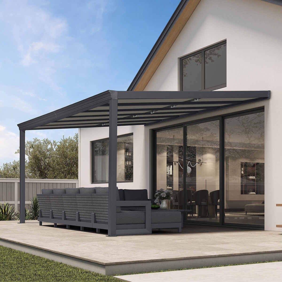 PURPLE LEAF – Pavillon mural avec toit gris en polycarbonate, structure en aluminium et stores plissés rétractables pour porche