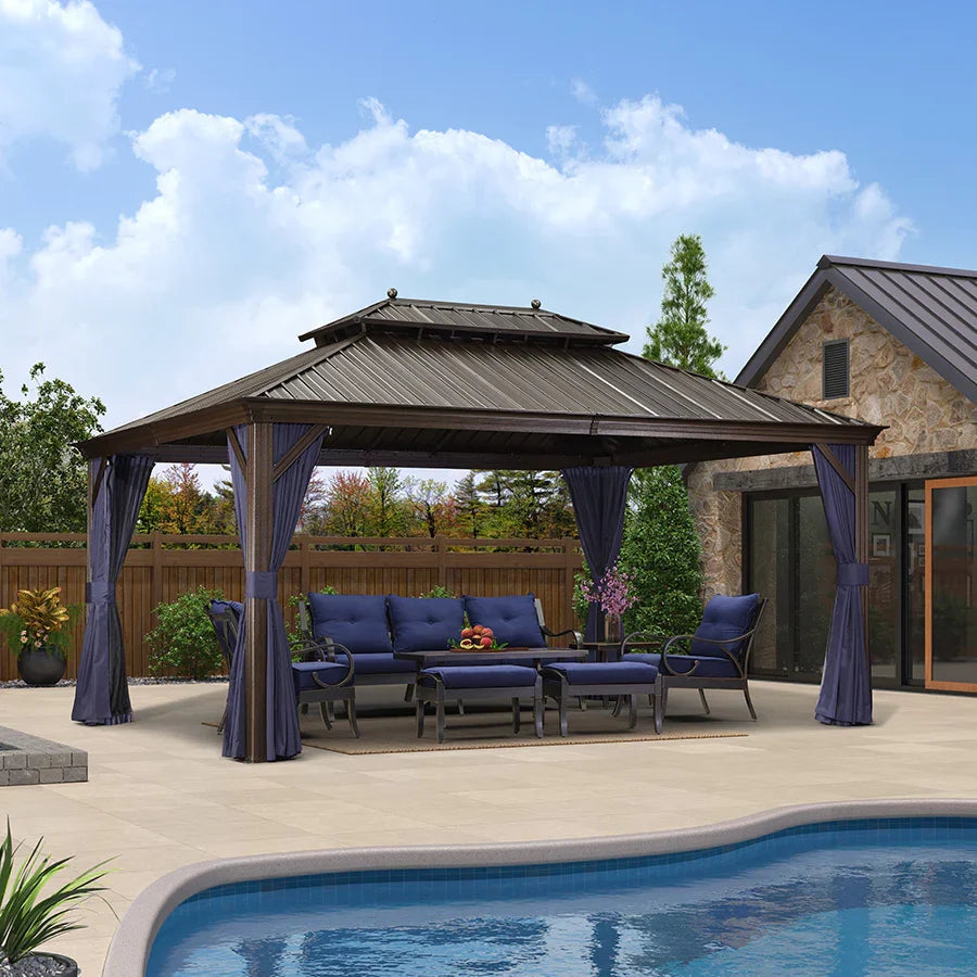 PURPLE LEAF – Pavillon extérieur à toit rigide pour terrasse, structure en aluminium bronze avec rideau bleu marine