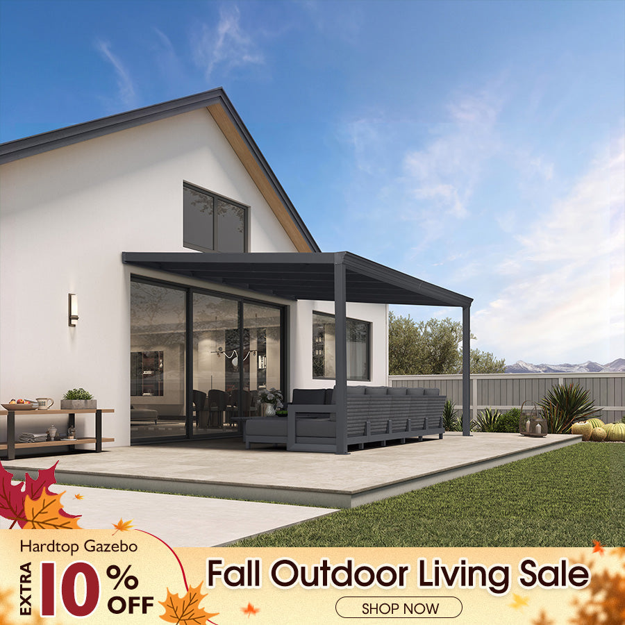 PURPLE LEAF – Pavillon mural avec toit gris en polycarbonate et structure en aluminium, couverture de terrasse pour porche