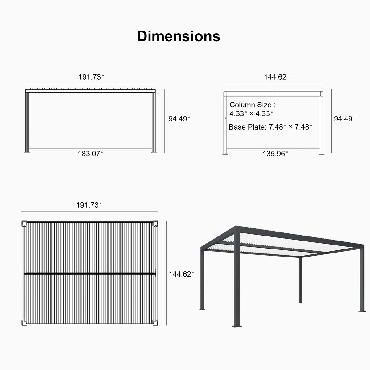 PURPLE LEAF Athena – Pergola extérieure grise en aluminium à lames orientables avec paroi à volets, réglable et étanche à la pluie