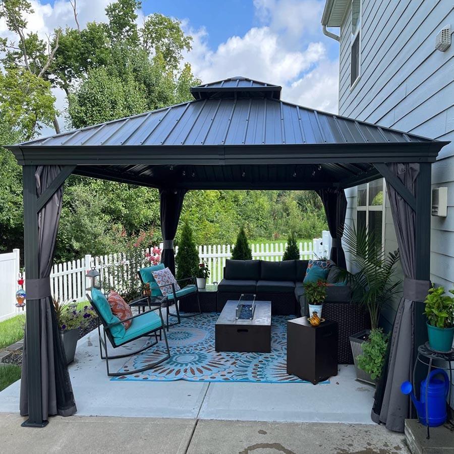 PURPLE LEAF – Pavillon de terrasse pour jardin, toit rigide gris en acier galvanisé avec rideau amélioré