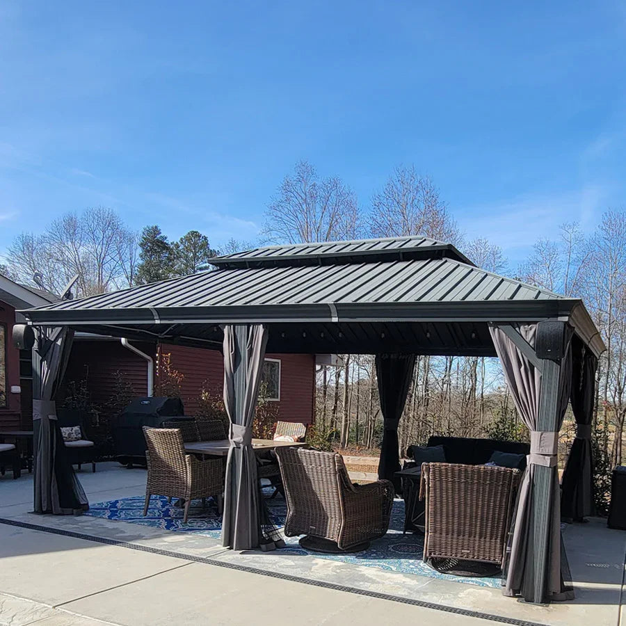 PURPLE LEAF – Pavillon de terrasse pour jardin, toit rigide gris en acier galvanisé avec rideau amélioré
