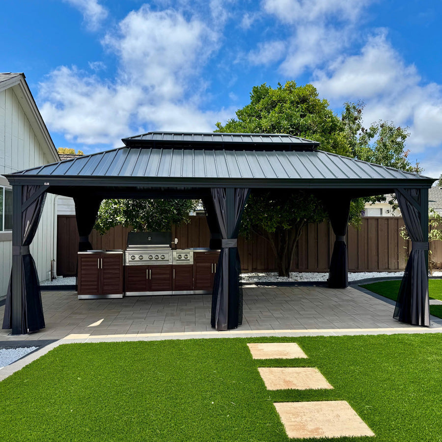 PURPLE LEAF – Pavillon de terrasse pour jardin, toit rigide gris en acier galvanisé avec rideau amélioré