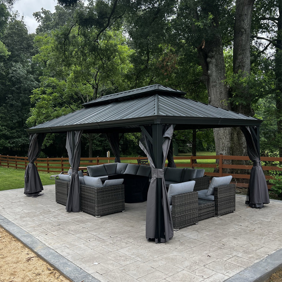 PURPLE LEAF – Pavillon de terrasse pour jardin, toit rigide gris en acier galvanisé avec rideau amélioré