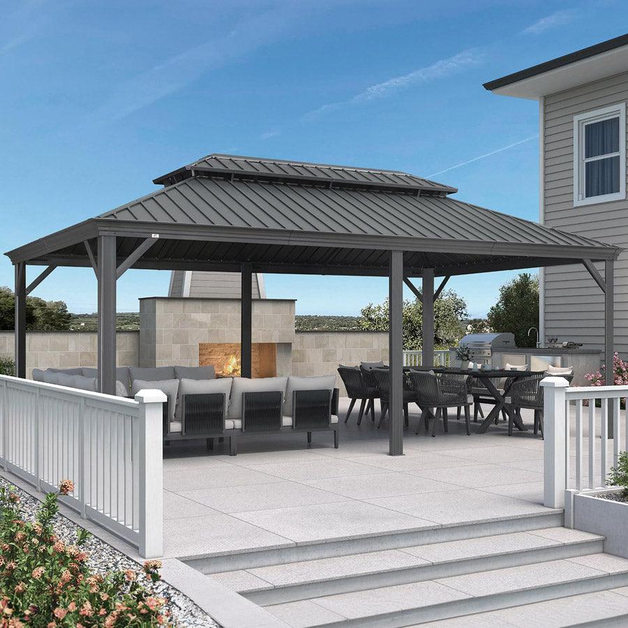 PURPLE LEAF – Pavillon de terrasse pour jardin, toit rigide gris en acier galvanisé (rideaux non inclus)