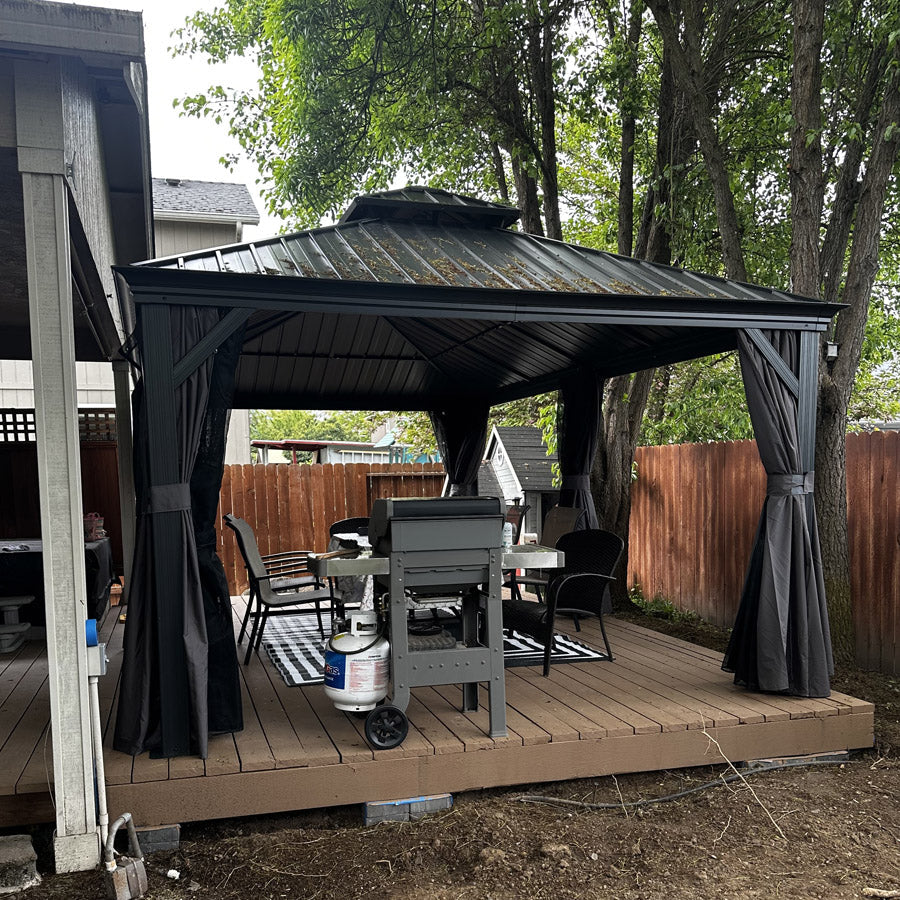 PURPLE LEAF – Pavillon de terrasse pour jardin, toit rigide gris en acier galvanisé avec rideau amélioré