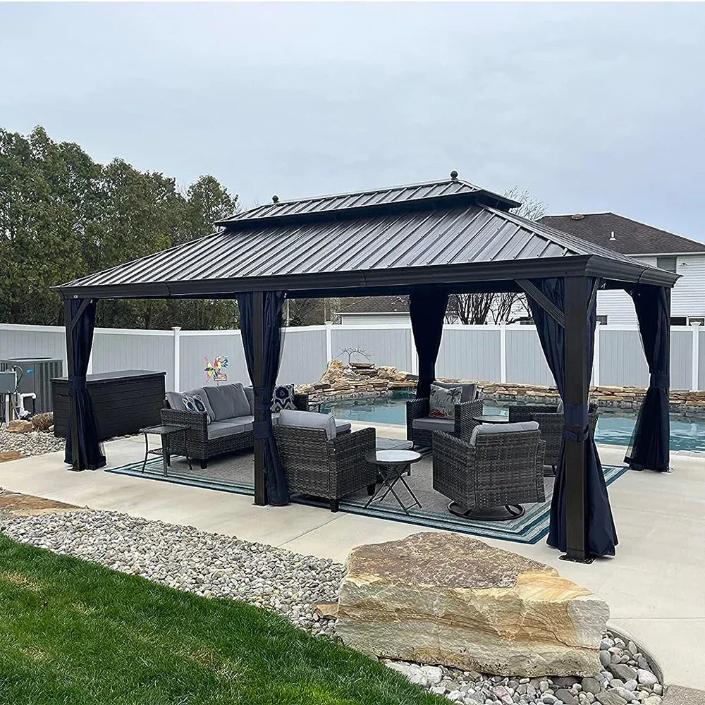 PURPLE LEAF – Pavillon extérieur à toit rigide pour terrasse, structure en aluminium bronze, rideau bleu marine et guirlande lumineuse – milky
