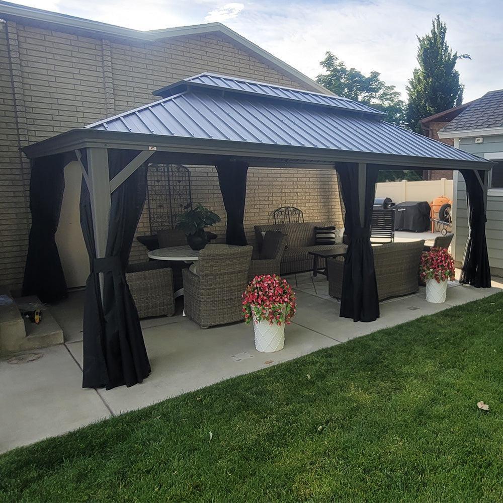 PURPLE LEAF – Pavillon de terrasse pour piscine, toit rigide gris clair en acier galvanisé avec rideaux améliorés
