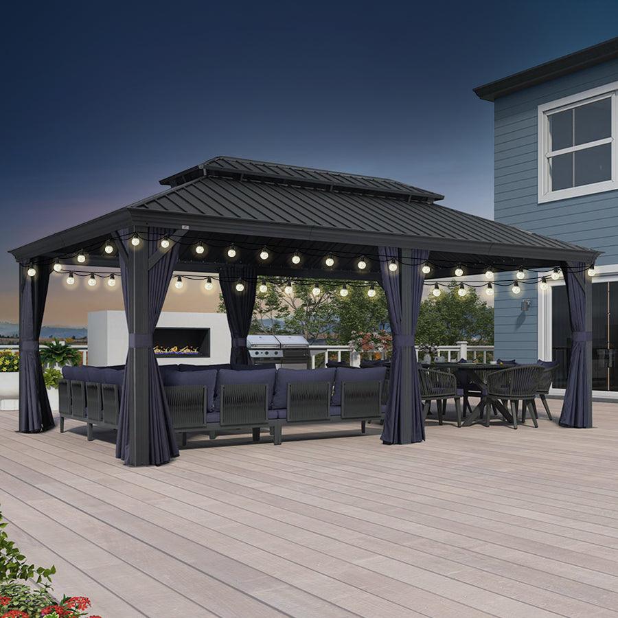 PURPLE LEAF – Pavillon extérieur à toit rigide pour terrasse, structure en aluminium grise, rideau bleu marine et guirlande lumineuse