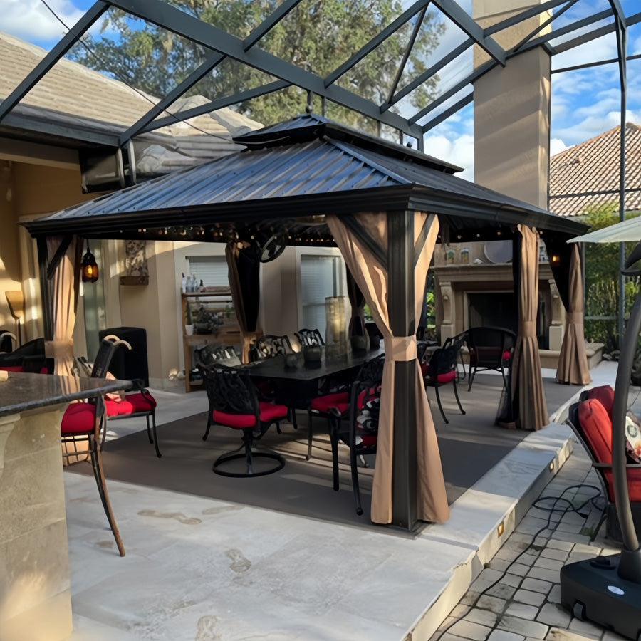 PURPLE LEAF – Pavillon extérieur à toit rigide pour jardin, double toit bronze et structure en aluminium avec guirlande lumineuse – milky