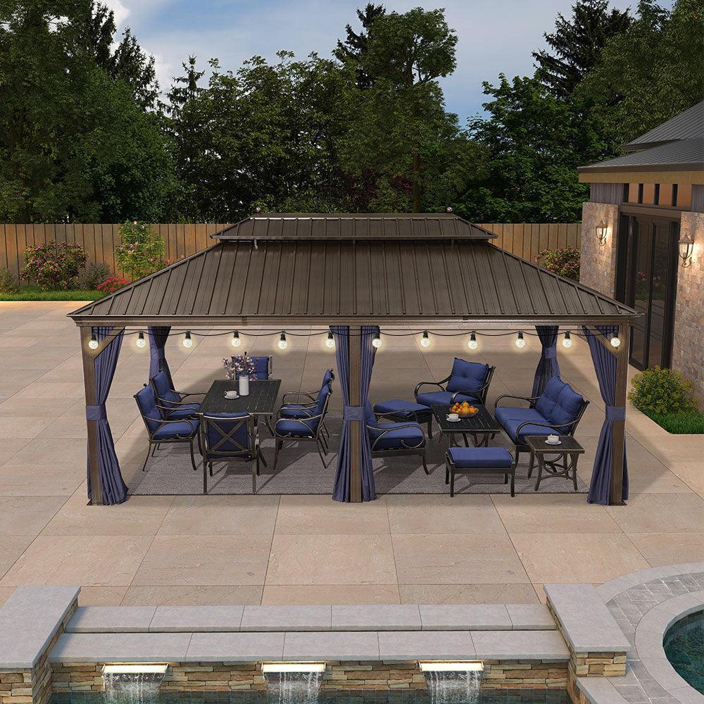 PURPLE LEAF – Pavillon extérieur à toit rigide pour terrasse, structure en aluminium bronze, rideau bleu marine et guirlande lumineuse – clear