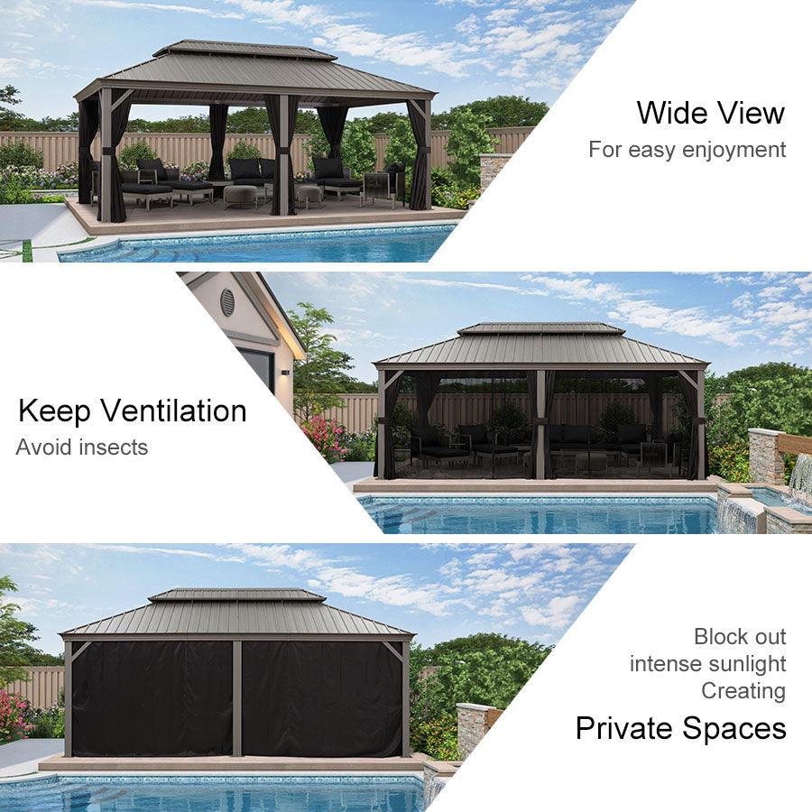 PURPLE LEAF – Pavillon de terrasse pour piscine, toit rigide gris clair en acier galvanisé avec rideaux améliorés