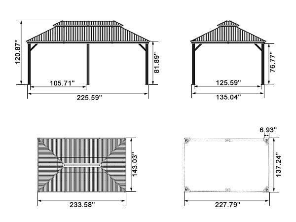 PURPLE LEAF – Pavillon de terrasse pour jardin, toit rigide gris en acier galvanisé avec rideau amélioré