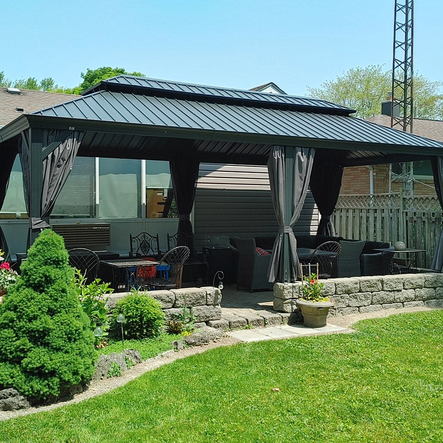 PURPLE LEAF – Pavillon de terrasse pour jardin, toit rigide gris en acier galvanisé avec rideau amélioré