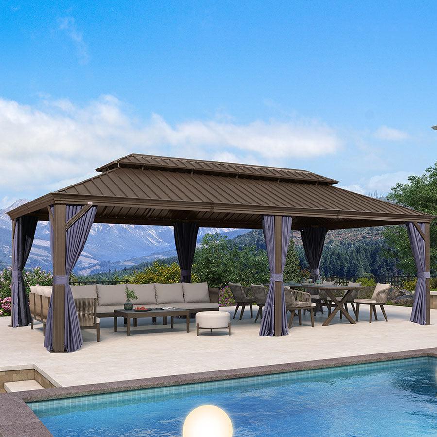 PURPLE LEAF – Pavillon extérieur à toit rigide pour terrasse, structure en aluminium bronze avec rideau bleu marine