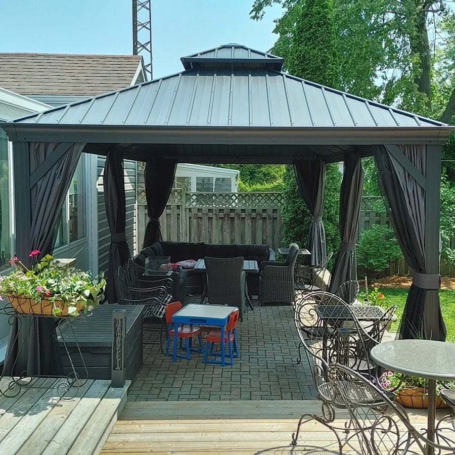 PURPLE LEAF – Pavillon de terrasse pour jardin, toit rigide gris en acier galvanisé avec rideau amélioré