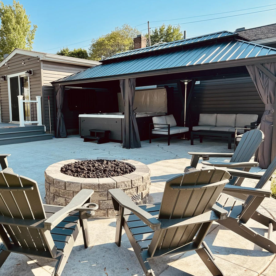 PURPLE LEAF – Pavillon de terrasse pour jardin, toit rigide gris en acier galvanisé avec rideau amélioré