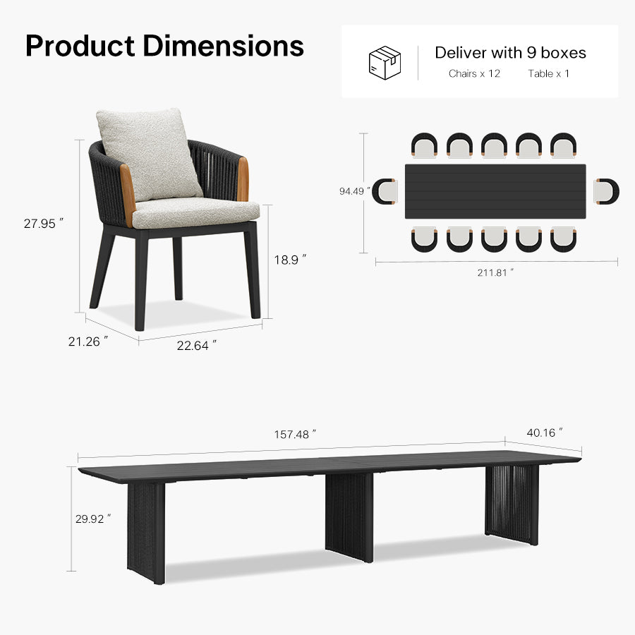 PURPLE LEAF Hailar – Ensemble repas extérieur familial avec table et chaises de terrasse en aluminium et coussins en oléfine