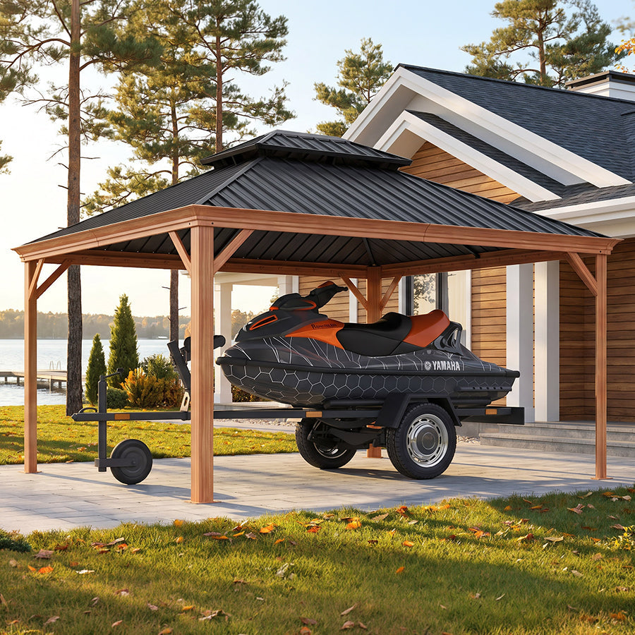 PURPLE LEAF – Abri voiture extérieur renforcé en aluminium avec structure effet bois