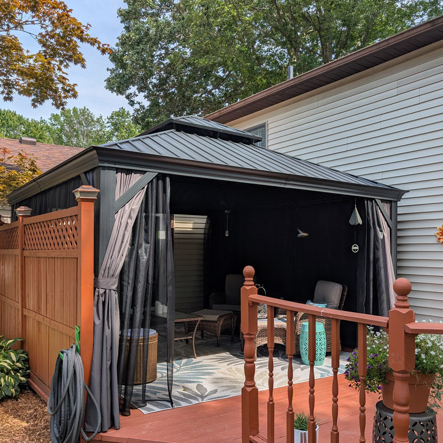PURPLE LEAF – Pavillon de terrasse pour jardin, toit rigide gris en acier galvanisé avec rideau amélioré