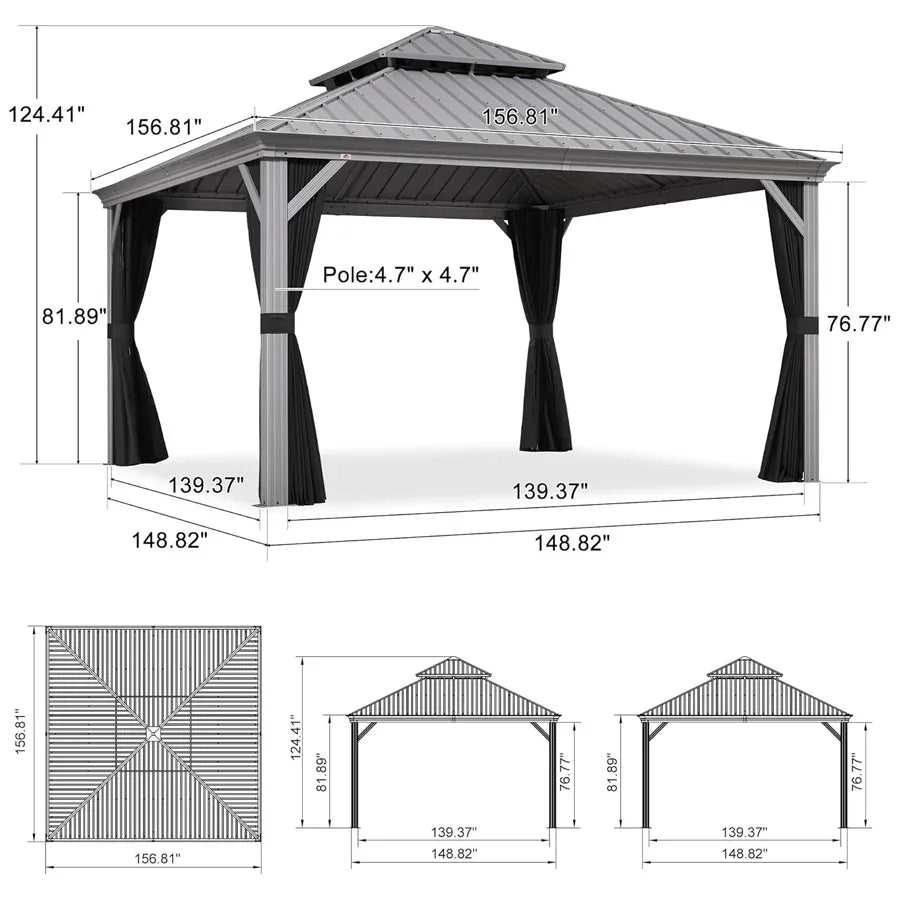 PURPLE LEAF – Pavillon de terrasse pour piscine, toit rigide gris clair en acier galvanisé avec rideaux améliorés