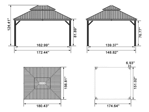 PURPLE LEAF – Pavillon de terrasse pour jardin, toit rigide gris en acier galvanisé avec rideau amélioré