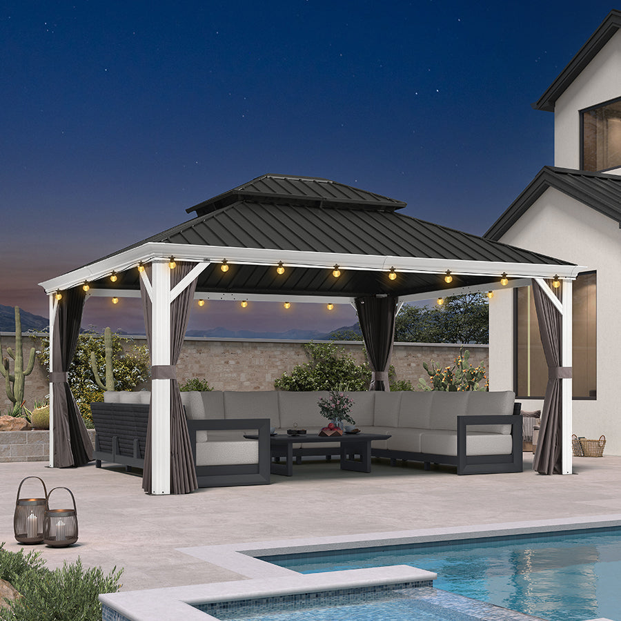 PURPLE LEAF – Pavillon blanc pour terrasse moderne avec double toit en acier galvanisé, rideau amélioré et éclairage – clear