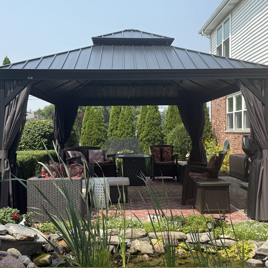 PURPLE LEAF – Pavillon de terrasse pour jardin, toit rigide gris en acier galvanisé avec rideau amélioré