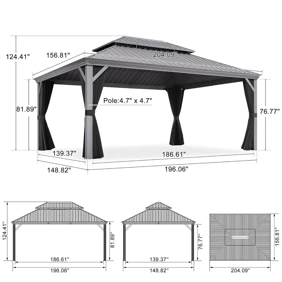 PURPLE LEAF – Pavillon de terrasse pour piscine, toit rigide gris clair en acier galvanisé avec rideaux améliorés