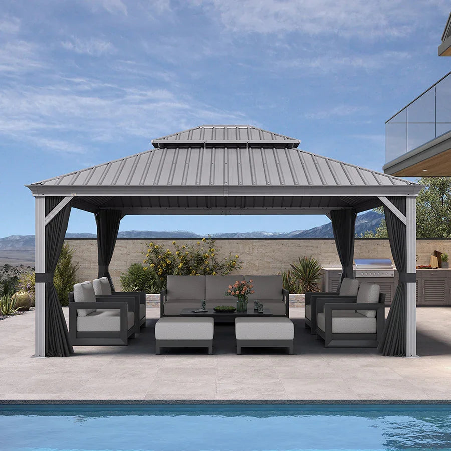 PURPLE LEAF – Pavillon de terrasse pour piscine, toit rigide gris clair en acier galvanisé avec rideaux améliorés