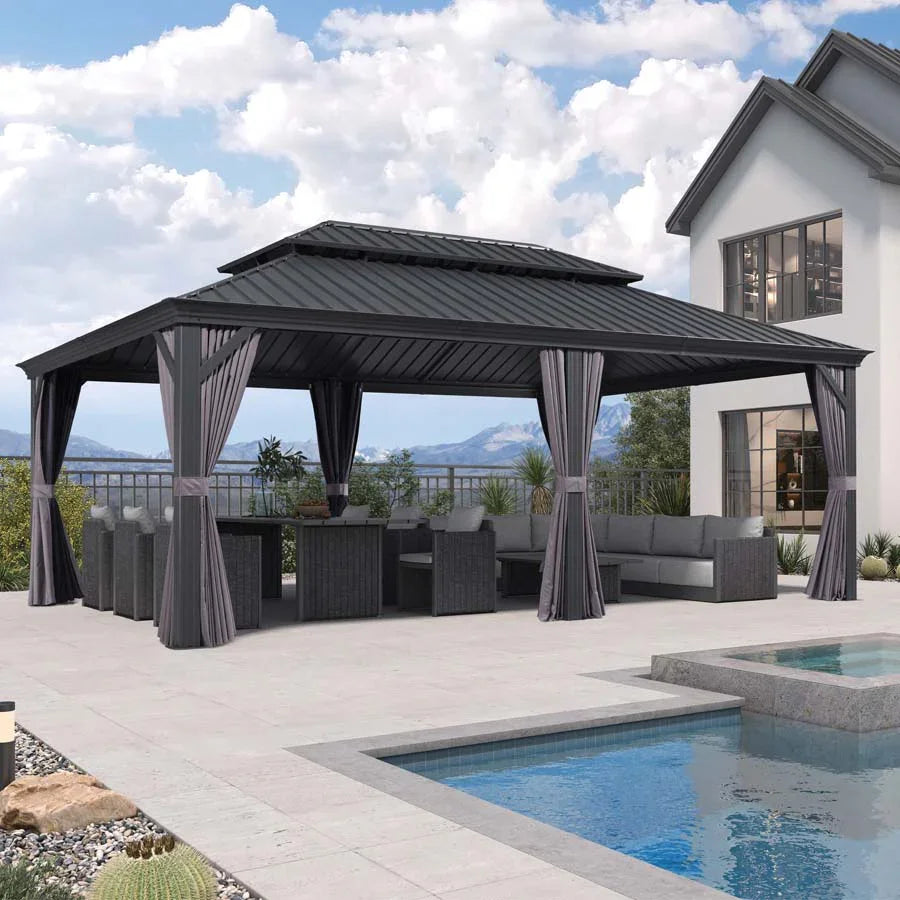 PURPLE LEAF – Pavillon de terrasse pour jardin, toit rigide gris en acier galvanisé avec rideau amélioré