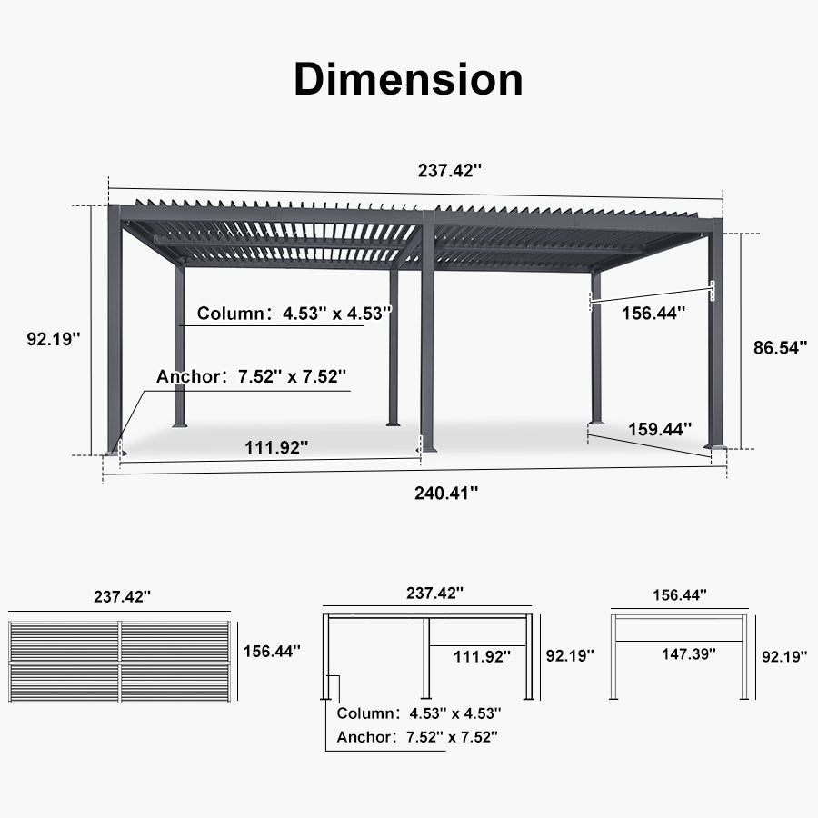 PURPLE LEAF Caesar – Pergola extérieure à lames orientables avec toit rigide réglable, gris