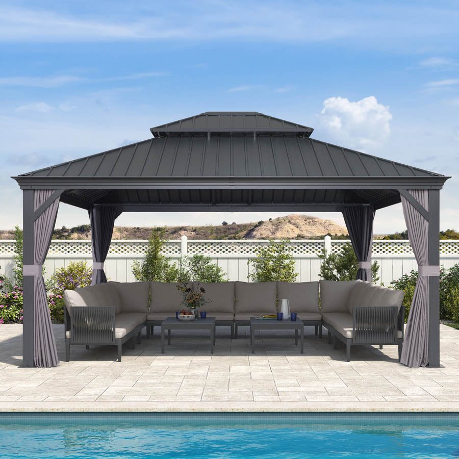 PURPLE LEAF – Pavillon de terrasse pour jardin, toit rigide gris en acier galvanisé avec rideau amélioré