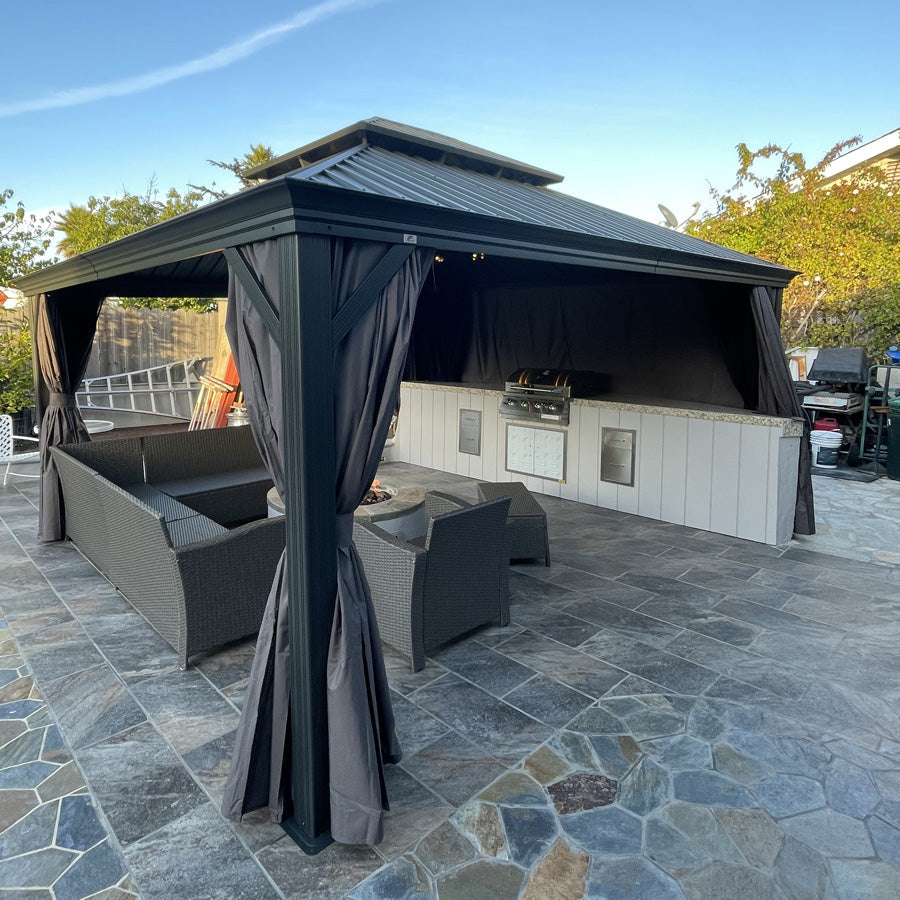 PURPLE LEAF – Pavillon de terrasse pour jardin, toit rigide gris en acier galvanisé avec rideau amélioré