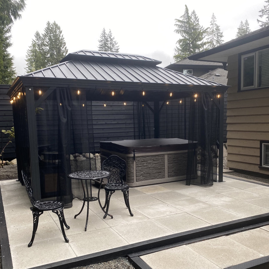 PURPLE LEAF – Pavillon de terrasse pour jardin, toit rigide gris en acier galvanisé avec rideau amélioré