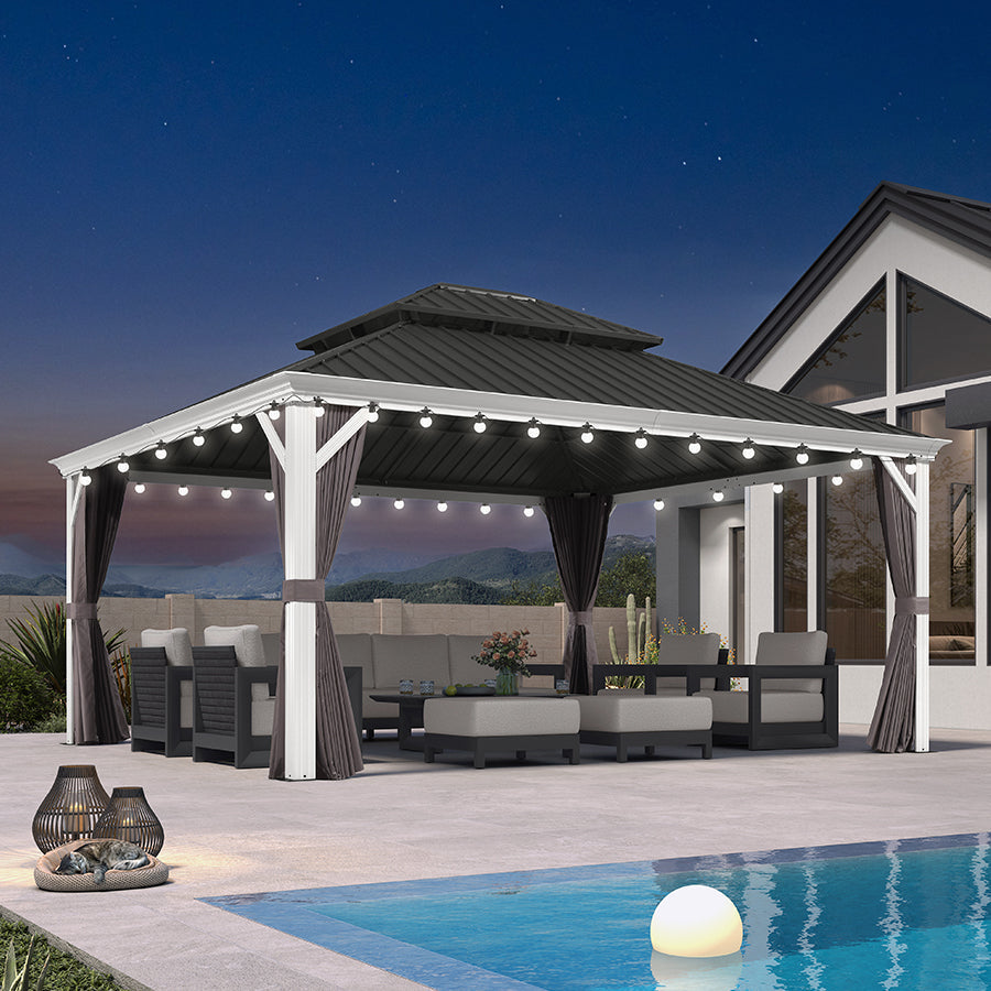 PURPLE LEAF – Pavillon blanc pour terrasse moderne avec double toit en acier galvanisé, rideau amélioré et éclairage – milky