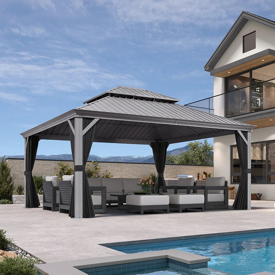PURPLE LEAF – Pavillon de terrasse pour piscine, toit rigide gris clair en acier galvanisé avec rideaux améliorés