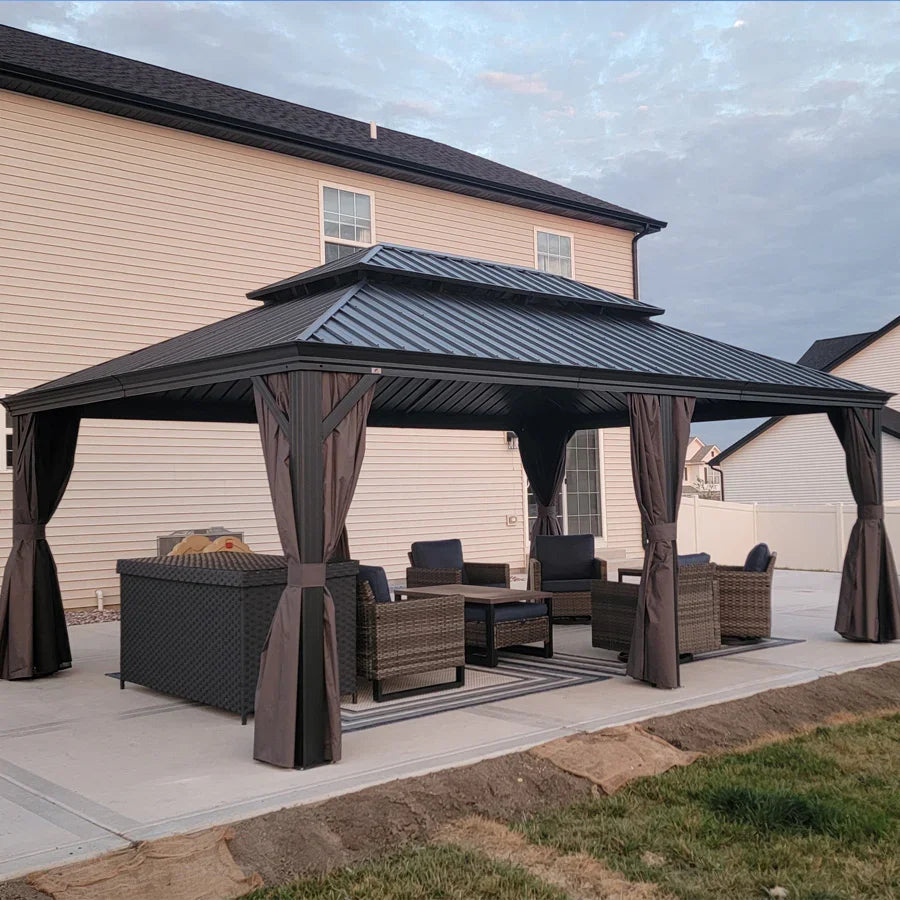 PURPLE LEAF – Pavillon de terrasse pour jardin, toit rigide gris en acier galvanisé avec rideau amélioré