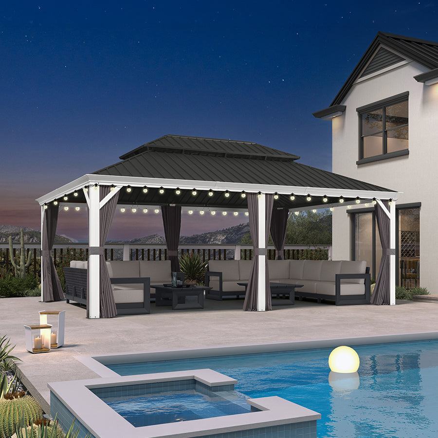 PURPLE LEAF – Pavillon blanc pour terrasse moderne avec double toit en acier galvanisé, rideau amélioré et éclairage – clear