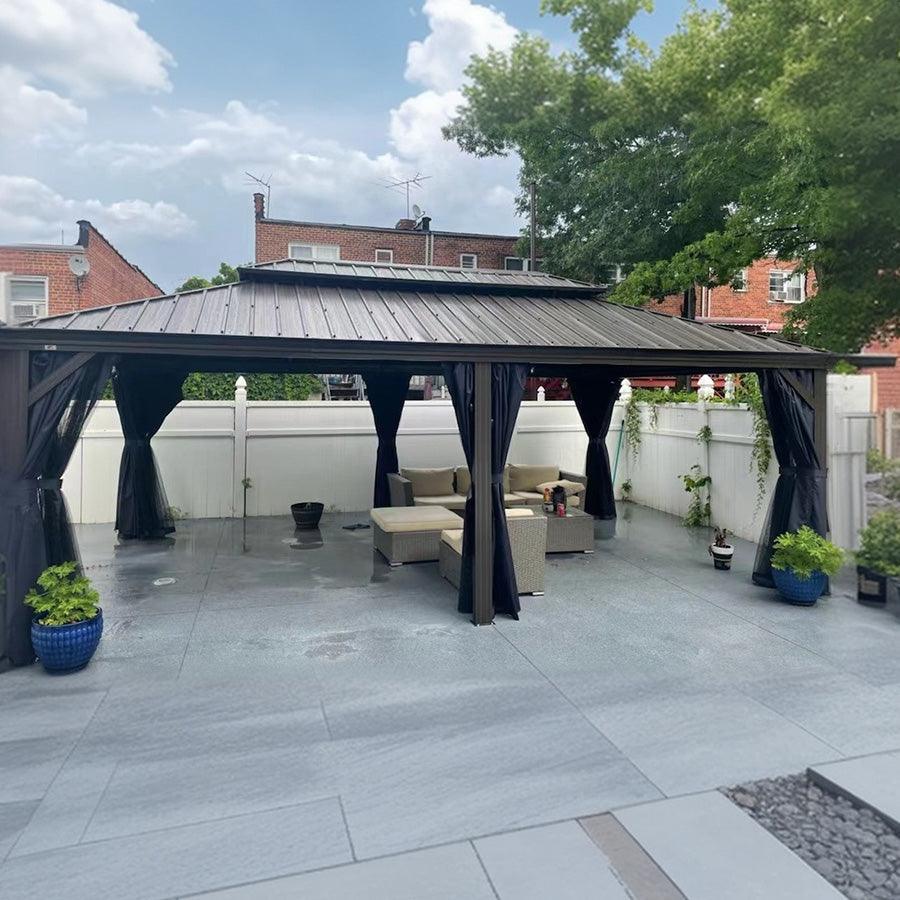 PURPLE LEAF – Pavillon extérieur à toit rigide pour terrasse, structure en aluminium bronze, rideau bleu marine et guirlande lumineuse – clear